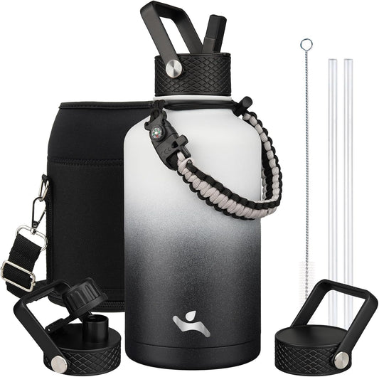 Half Gallon Insulated Water Bottle with Straw,64 oz 3 Lids Water Jug with Carrying Bag,Paracord Handle,Double Wall Vacuum Stainless Steel Metal Flask,Day Night