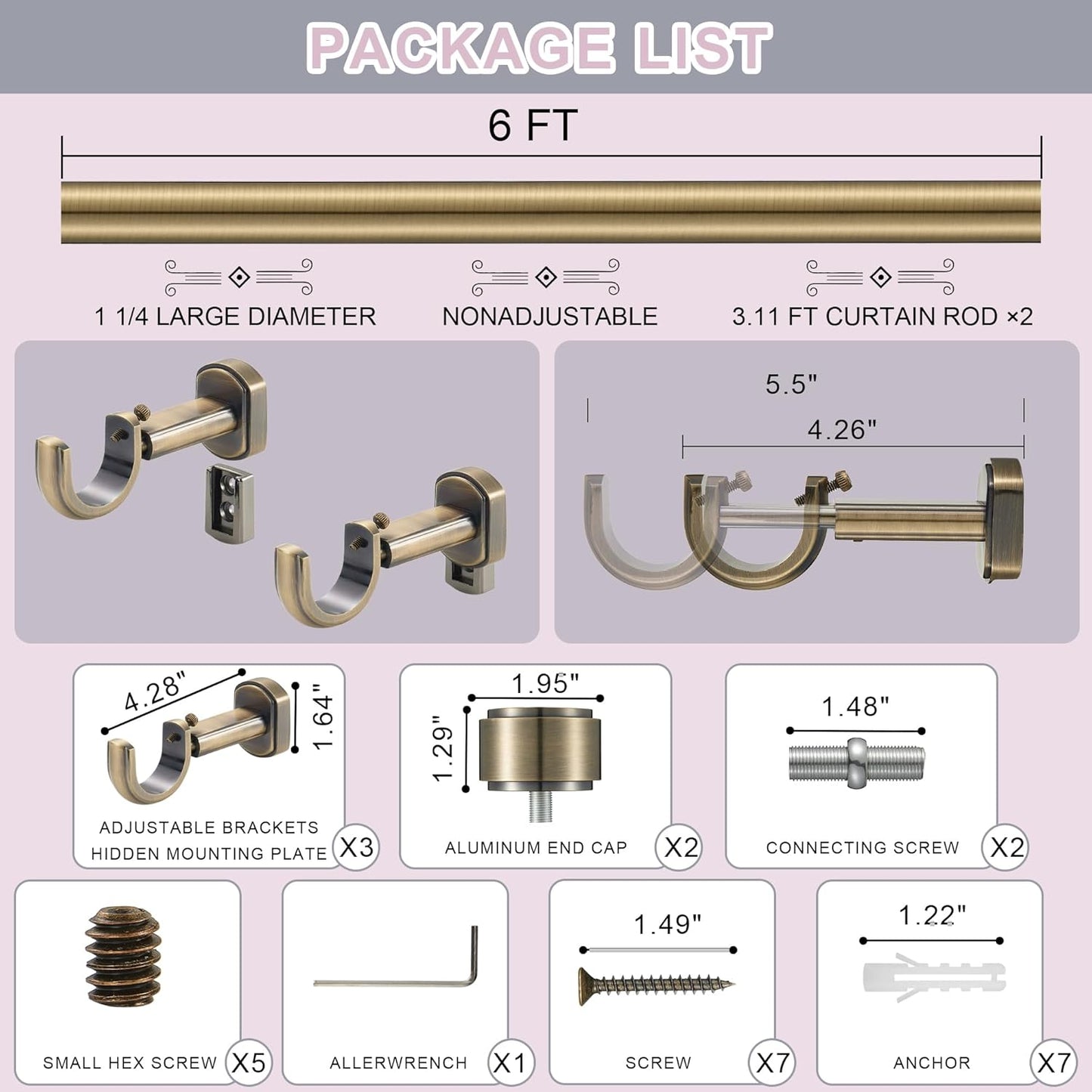 Heavy Duty Curtain Rods,1 1/4" Large Diameter Premium Nonadjustable Curtain Rod,72in/6ft Custom Window Treatment Rods with Durable Aluminum Brackets and End Caps,Antique Bronze Finish