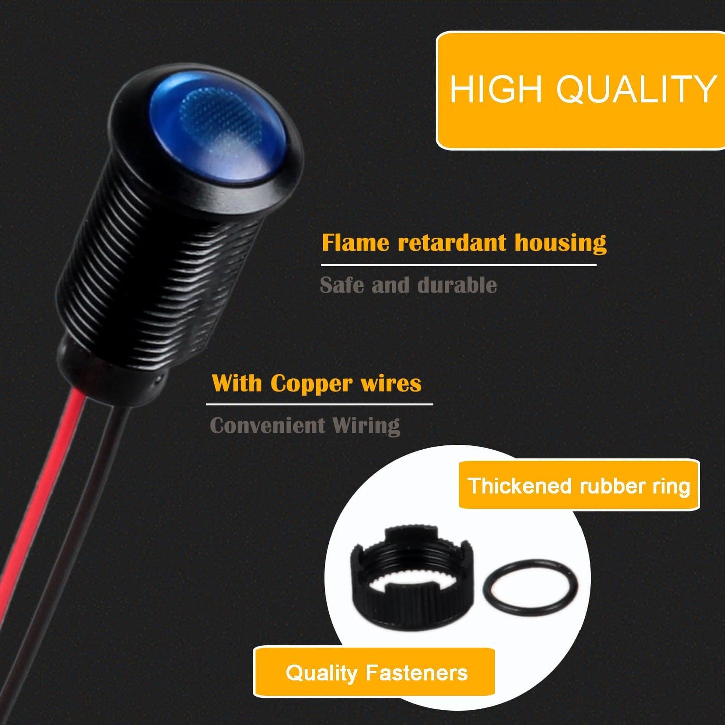 5pcs 12mm 12V-24V LED Indicator Light Plastic Black Signal Dot Lamp 1/2 inches Mounting Hole Size with 15cm/5.9in. Wire (Blue LED)