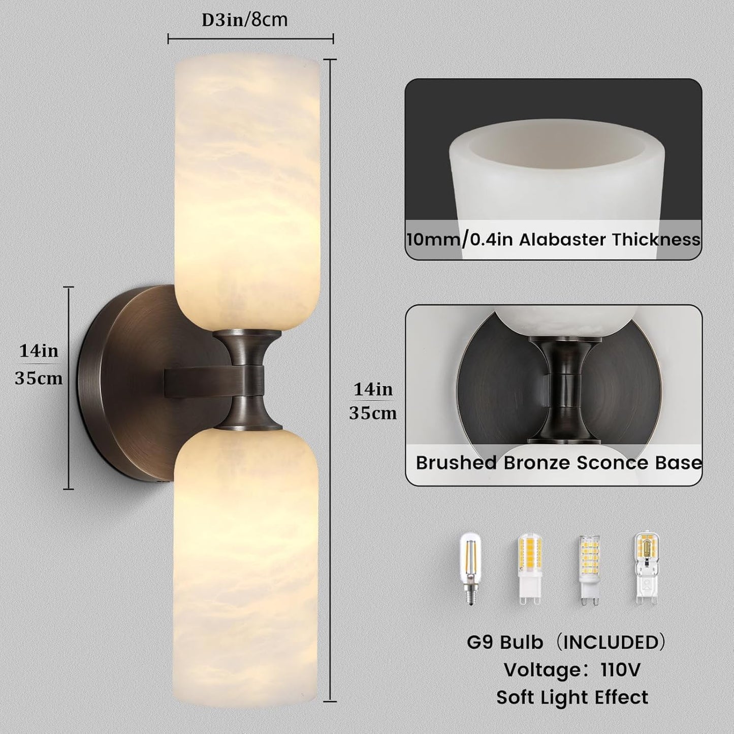 14in Modern Spanish Natural Marble Bathroom Vanity Sconces, Alabaster Wall Sconces Set of Two, Black Alabaster Sconce Wall Lighting, Black Wall Light Fixtures Decor