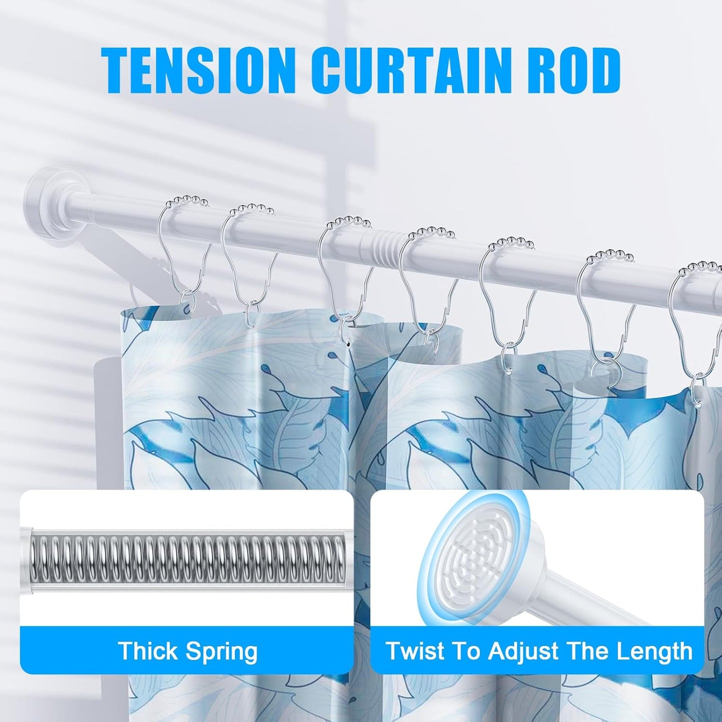 TEECK Shower Curtain Rod, 32-68 inch Adjustable Spring Tension Curtain Rod, Never Rust Anti-Slip Shower Curtain Rod for Bathroom, No Drilling, Never Collapse, Easy to Use, White