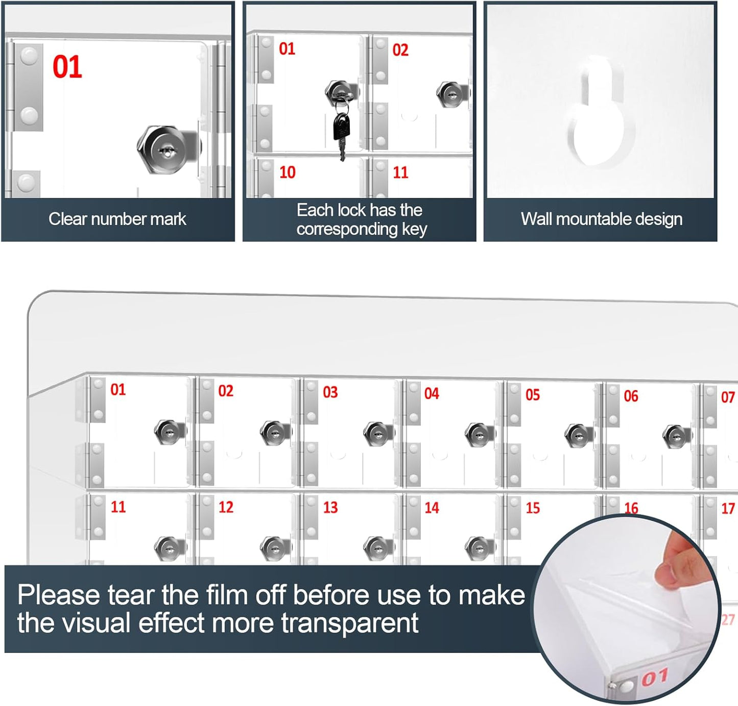 100 A Slots Cell Phone Locker Box, Clear Phone Storage, Acrylic Cell Phone Lock Box with Door Locks and Keys, Wall Mounted Cell Phones Cabinet for Office School Classroom Factory