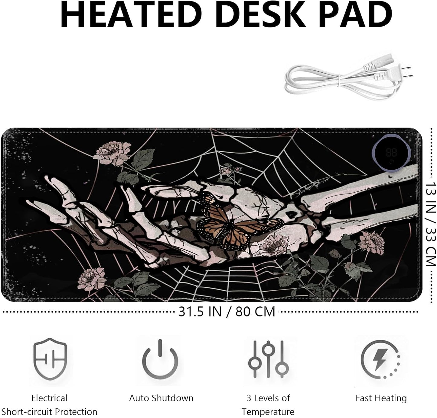 Heated Mouse Pad with 3 Levels Heated & 3 Hours Auto Shut-Off Mouse Pad for Warming Hands in Office Home, 31.5" x 13"Large Safe Desk Mat Hand Warmer，Skeleton Hand Spider Web