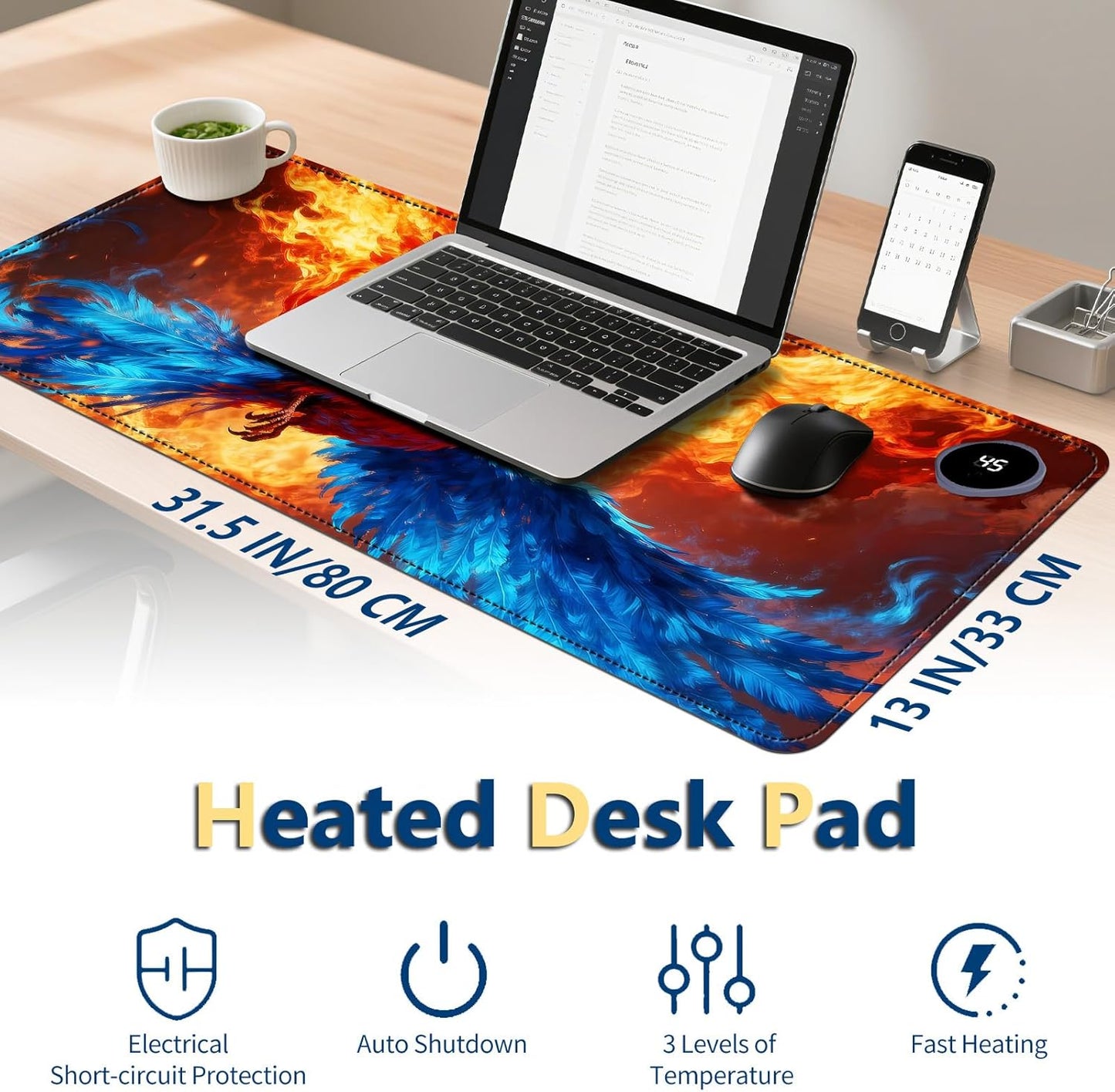 Heated Mouse Pad with 3 Temperature Settings(104°F–122°F),Large 31.5x13 Inch PU Leather Heated Desk Mat,Waterproof Warming Pad for Office,Gaming & Cold Hands Relief,Fiery Phoenix Bird
