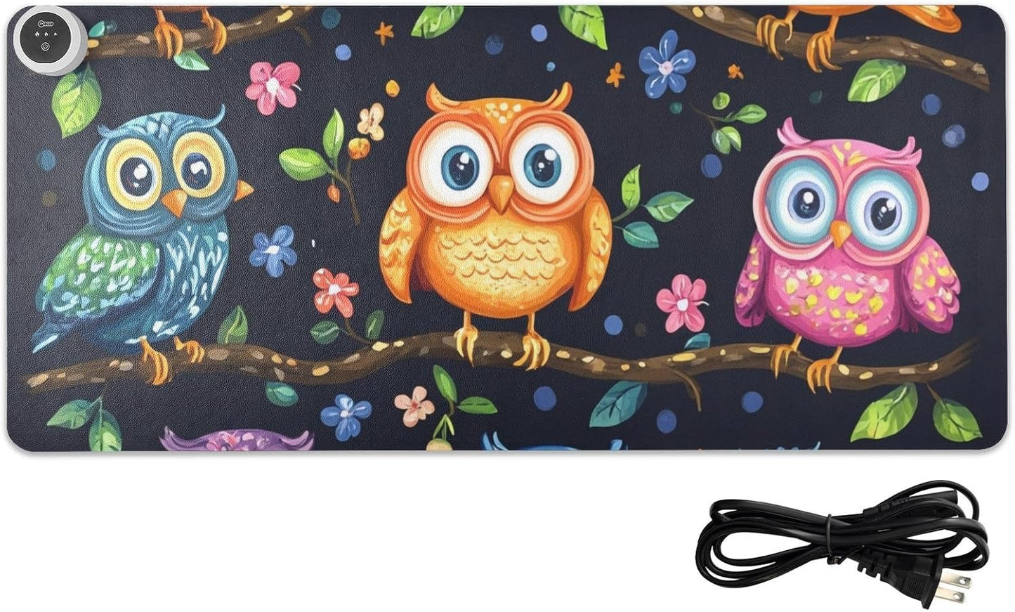Heated Desk Pad Mouse Pad 31.5x13 Inch PU Leather Desk Mat with 3 Heat Levels Large Mouse Gaming Computer Laptop Mat Vibrant Owls Branches Flowers Spring
