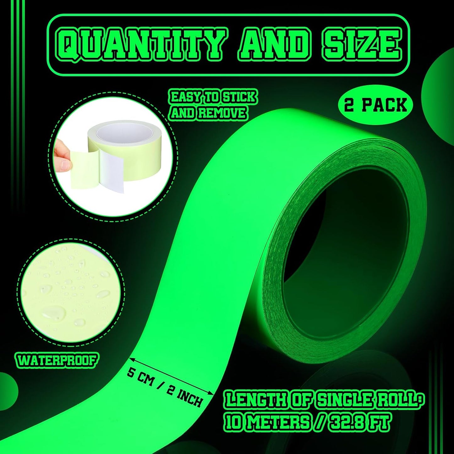 2 Rolls Glow in The Dark Tape 32.8 ft x 2 Inch Luminous Phosphorescence Green Long Lasting Bright Glow Tape for Halloween Night Decorations, Theater Stages, Stairs, Walls, Steps and Exit Sign