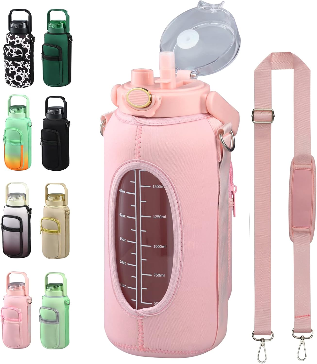 Half Gallon 64oz Glass Water Bottle with Straw and Storage Sleeve Motivational Water Bottle with Strap and Time to Drink 2L Leakproof Reusable Water Jug for Fitness Gym and Outdoors