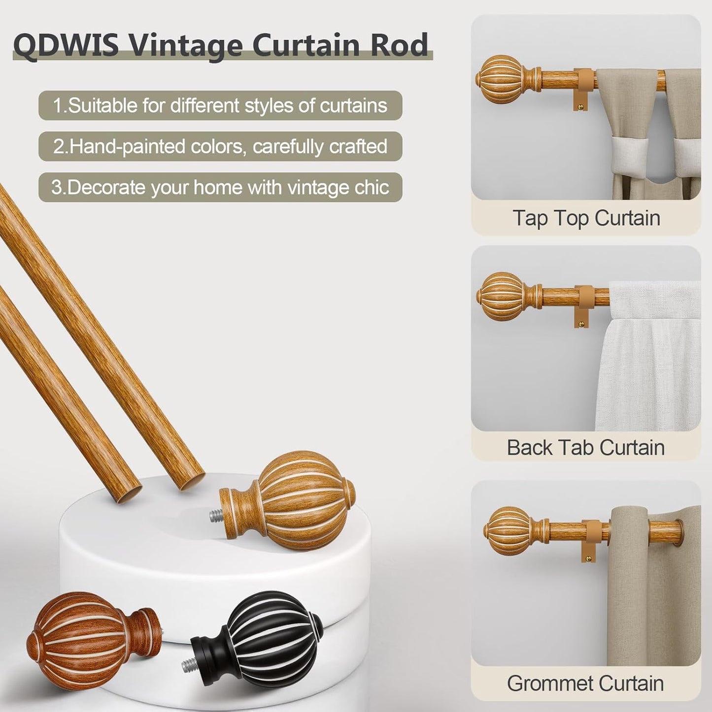 2 Pack Imitation Wood Curtain Rods for Windows 28 to 48 Inch, 1'' Adjustable Heavy Duty Decorative Drapery Rods with Classic Finials, Dark Imitation Wood Window Curtain Pole, Size 18-45''