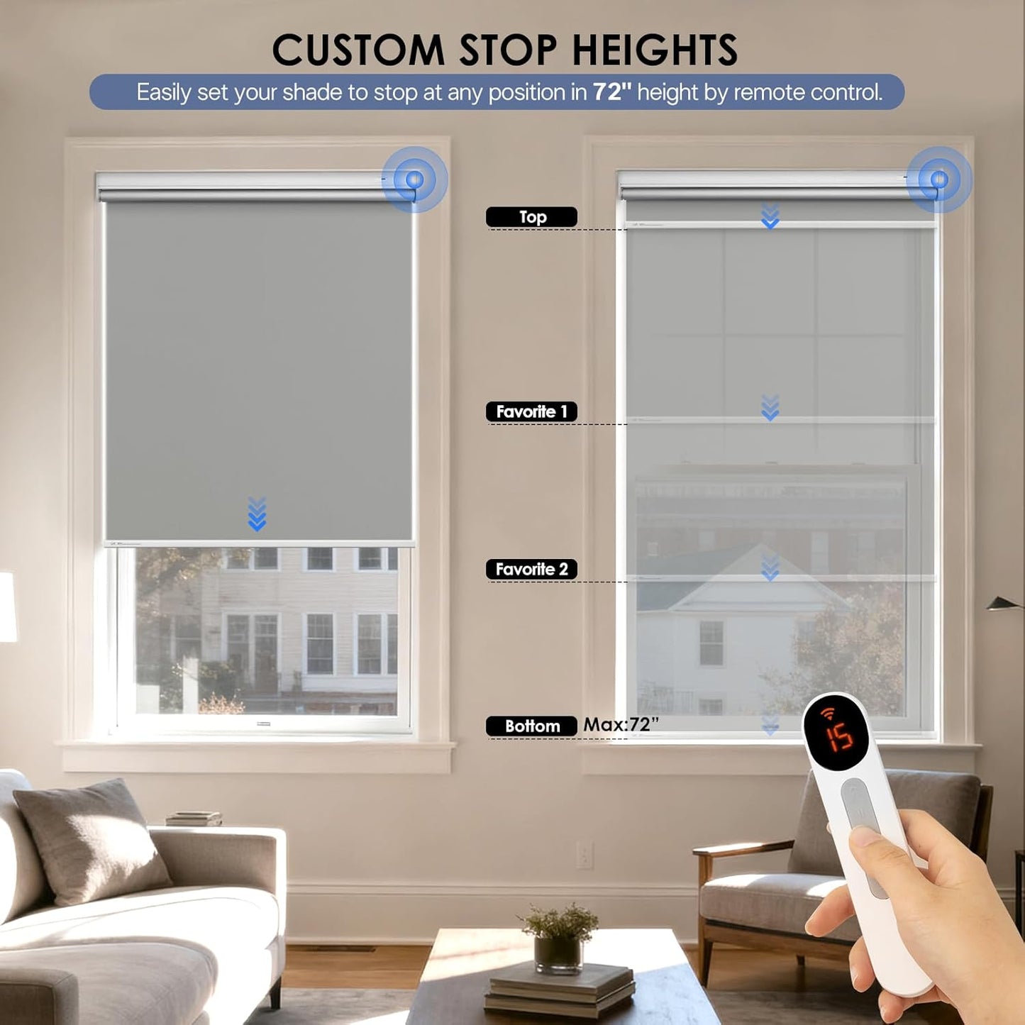 Motorized Roller Blinds with Remote Control & Solar Panel - 100% Blackout Smart Blinds, Automatic, Cordless, Electric Shades - Compatible with Alexa - Grey, 34¾" W x 72" H