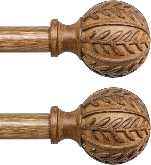 2 Pack Boho Wood Curtain Rods for Windows 28 to 48 inch,1" Adjustable Heavy Duty Window Curtain Rod with Imitation Wood Grain Finials,Rustic Decorative Drapery Rods Set 18-60'',Natural Wood