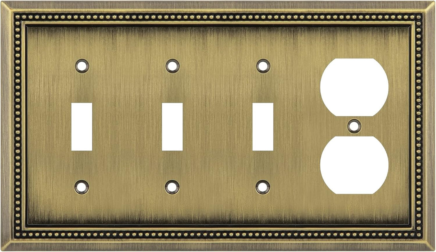 Henne Bery Sunken Pearls Heavy Duty Decorative Wall Plate Switch Plate Outlet Cover (Triple Toggle/Single Duplex, Antique Brass)