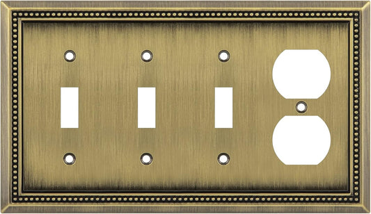 Henne Bery Sunken Pearls Heavy Duty Decorative Wall Plate Switch Plate Outlet Cover (Triple Toggle/Single Duplex, Antique Brass)