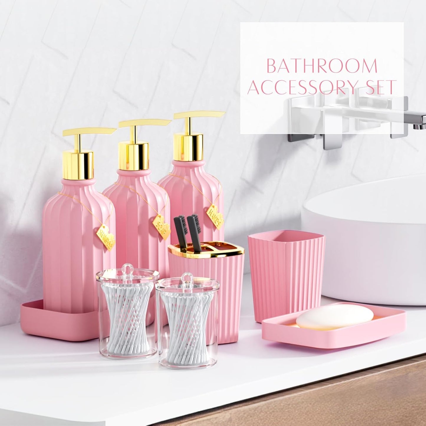 20PC Bathroom Accessory Set Pink Bathroom Accessories Bathroom Set, Shower Curtain Set, 2 Piece Bath Towel Set, 3PC Soap Dispenser, Toilet Brush & Trash Can