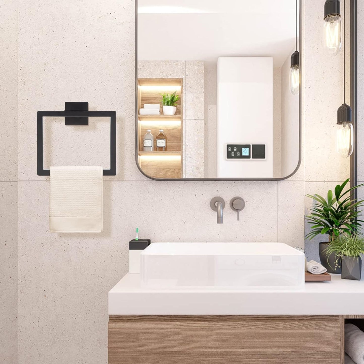 2-Piece Matte Black Square Towel Ring,Modern Hand Towel Holder for Bathroom,Stainless Steel Towel Hangers Wall-Mounted Bathroom Accessories