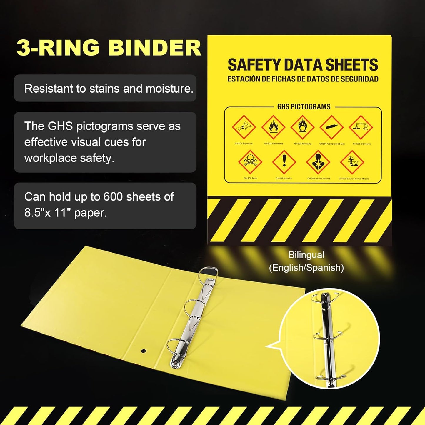 2 Pack MSDS SDS Binder and Wall Station,Yellow Heavy Duty 3 Inch Material Safety Data Sheet 3 Ring Binder with SDS Wire Rack and Display Sign,Chain,Safety Posters,MSDS Labels,Binder Wall Mount