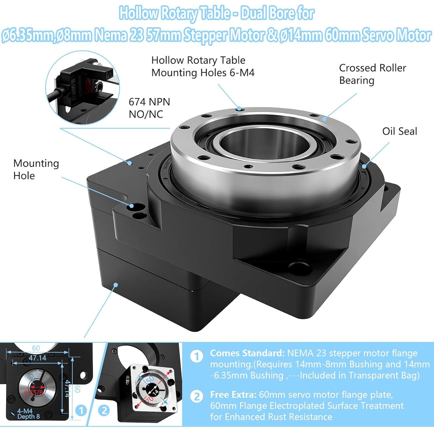 Hollow Rotary Actuator Ratio 10:1 Hollow Rotating Table Precision Rotary Reducer High Accuracy Hollow Rotary Platform for NEMA23 6.35mm 8mm Shaft/60 mm Servo Motor 14mm Shaft Alternative Cam Indexer