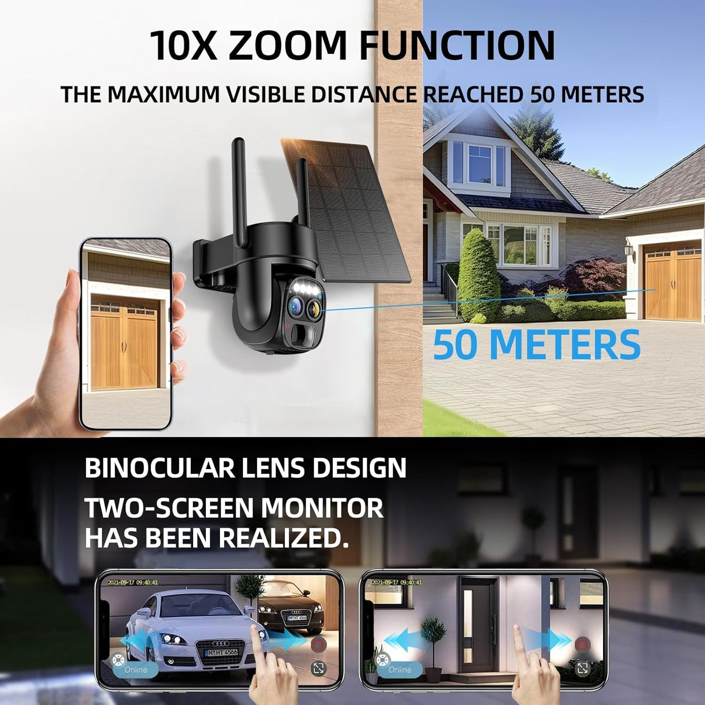 Hawkray Pannel Solar Wireless Outdoor Battery Security Camera， Dual-Lens, 10xZoom, 2K Resolution 3MP 360°Pan/Tilt，2.4&5G WiFi Powered Camera