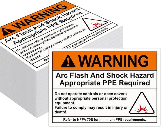 100 Pcs Warning Arc Flash and Shock Hazard Label - 5 x 3.5 Warning Safety Appropriate PPE Required Signs for Electrical Workplace