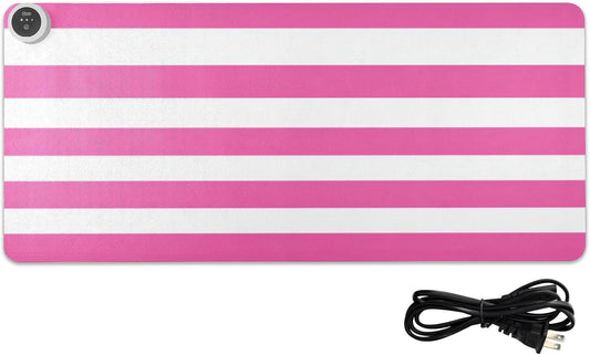 Heated Desk Pad Mouse Pad 31.5x13 Inch PU Leather Desk Mat with 3 Heat Levels Large Mouse Gaming Computer Laptop Mat Hot Pink White Stripes