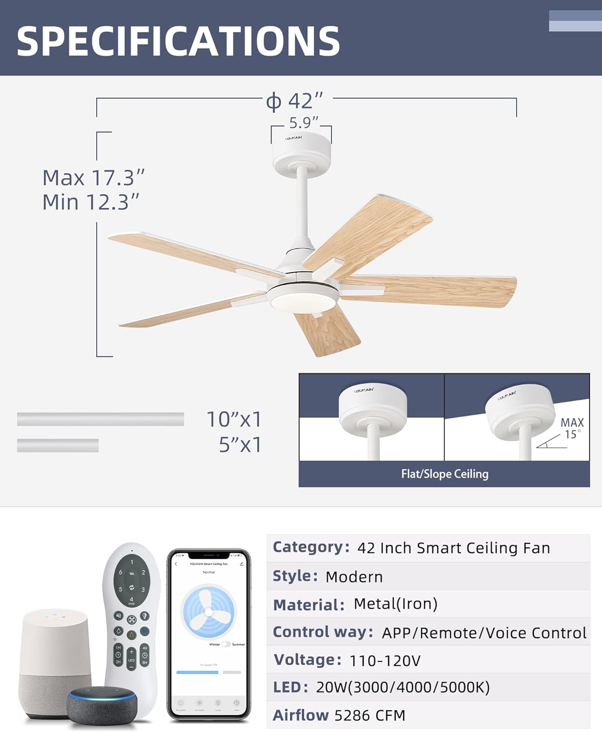 YOUKAIN Ceiling Fans with Lights, 42 Inch White Ceiling Fan, Smart Ceiling Fan Remote & APP Control, Reversible Blades, Modern Outdoor Ceiling Fans for Living Room, Bedroom, 42-YJ812-WH