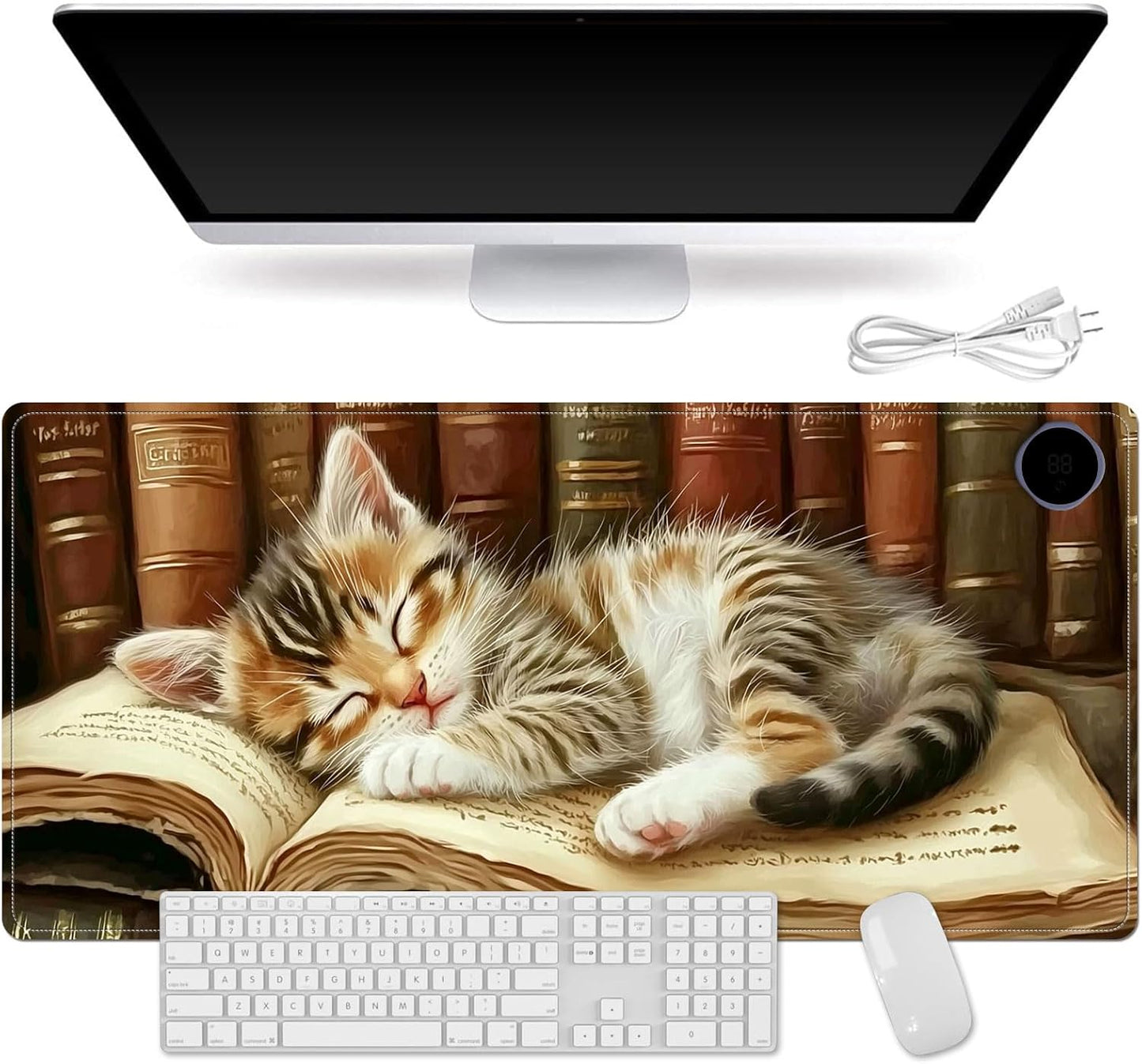 Heated Mouse Pad for Desk 31.5" x 13" – PU Leather Warm Desk Pad with 3 Heat Levels (104°F/113°F/122°F), Plug-in Electric Heating Mat with Auto Shut-Off, Waterproof & Rollable, Kitten on Book