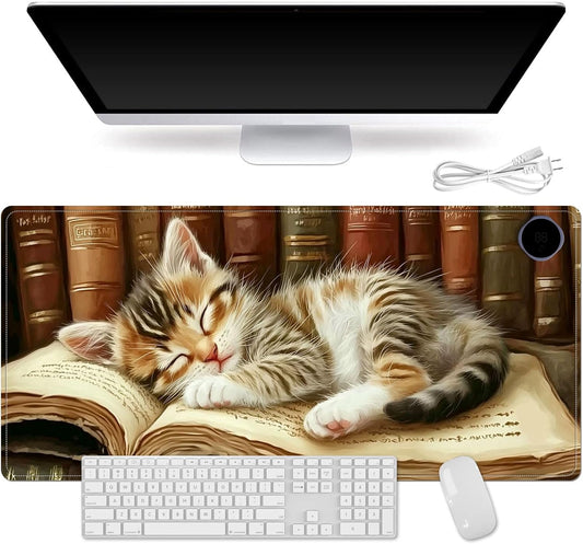 Heated Mouse Pad for Desk 31.5" x 13" – PU Leather Warm Desk Pad with 3 Heat Levels (104°F/113°F/122°F), Plug-in Electric Heating Mat with Auto Shut-Off, Waterproof & Rollable, Kitten on Book