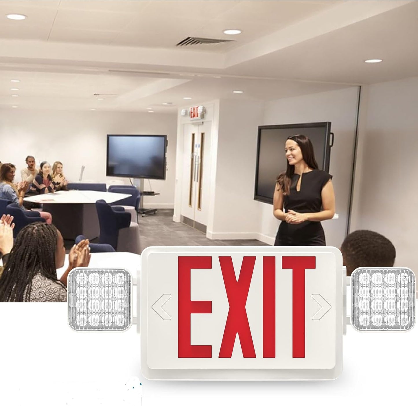 2 PACK LED Exit Sign Battery Backup with Emergency -EXIT Sign with 2 Adjustable Head Lights and Back Up Batteries- Emergency Exit Lighting, UL 924,120-277 VAC.