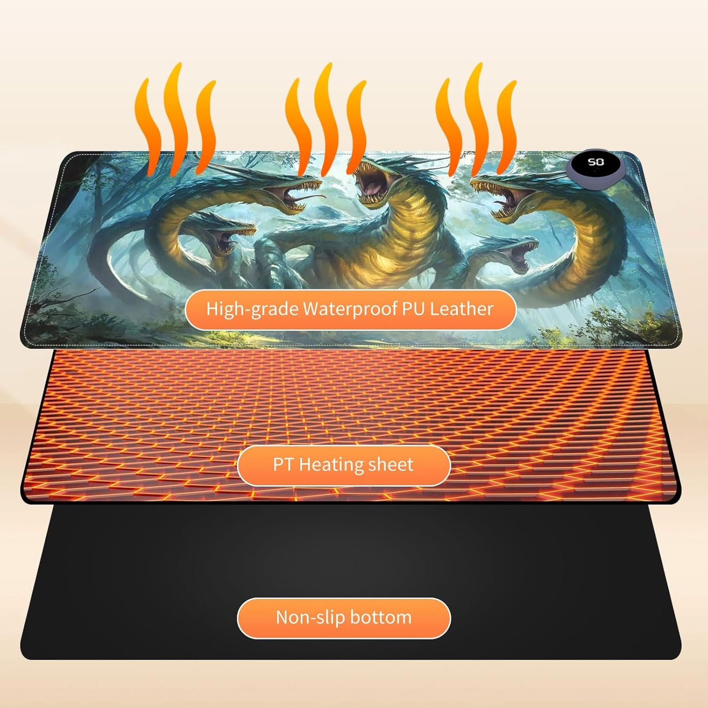 Heated Mouse Pad for Desk 31.5" x 13" – PU Leather Warm Desk Pad with 3 Heat Levels (104°F/113°F/122°F), Plug-in Electric Heating Mat with Auto Shut-Off, Waterproof & Rollable, Serpent Beast