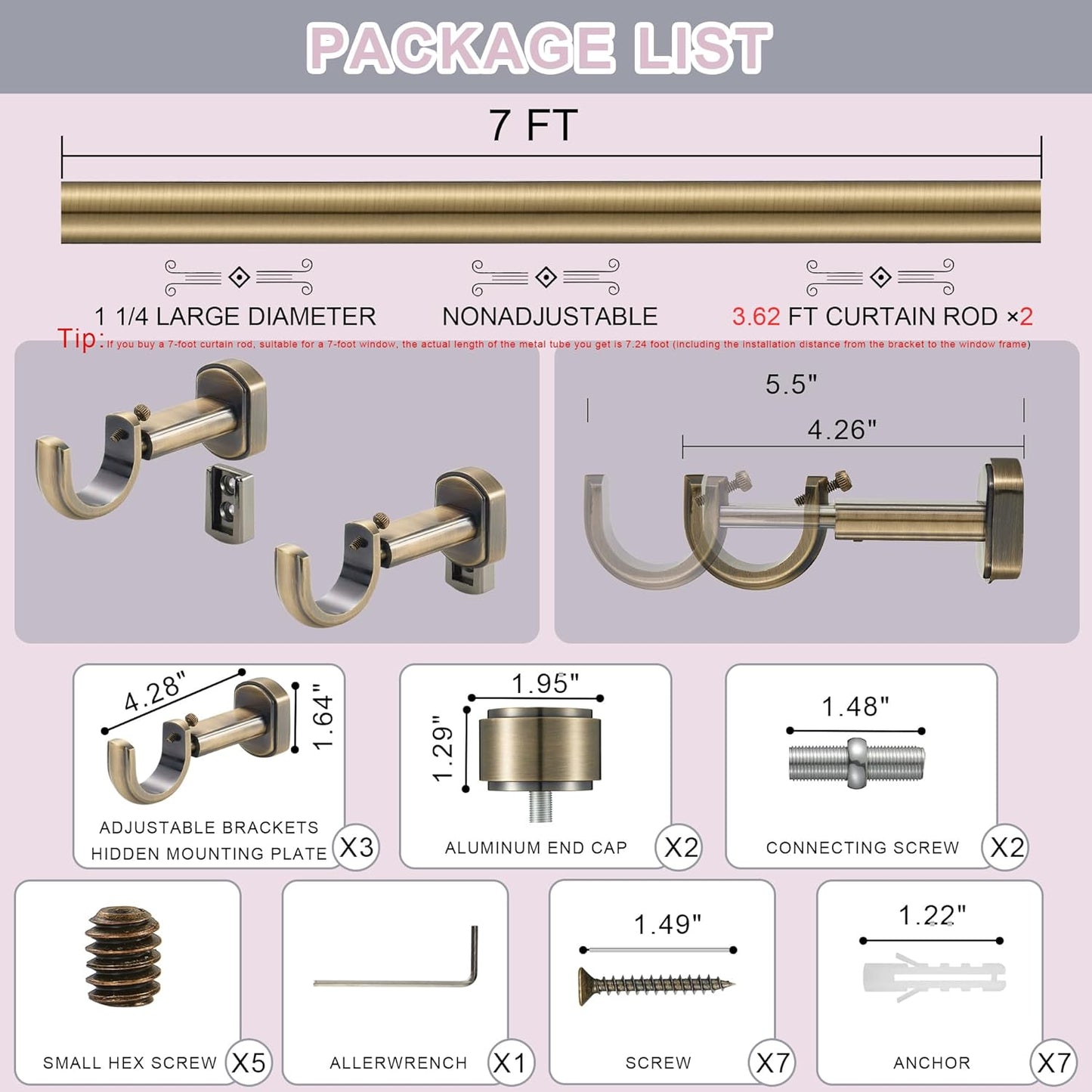 Heavy Duty Curtain Rods,1 1/4" Large Diameter Premium Nonadjustable Curtain Rod,84in/7ft Custom Window Treatment Rods with Durable Aluminum Brackets and End Caps,Antique Bronze Finish