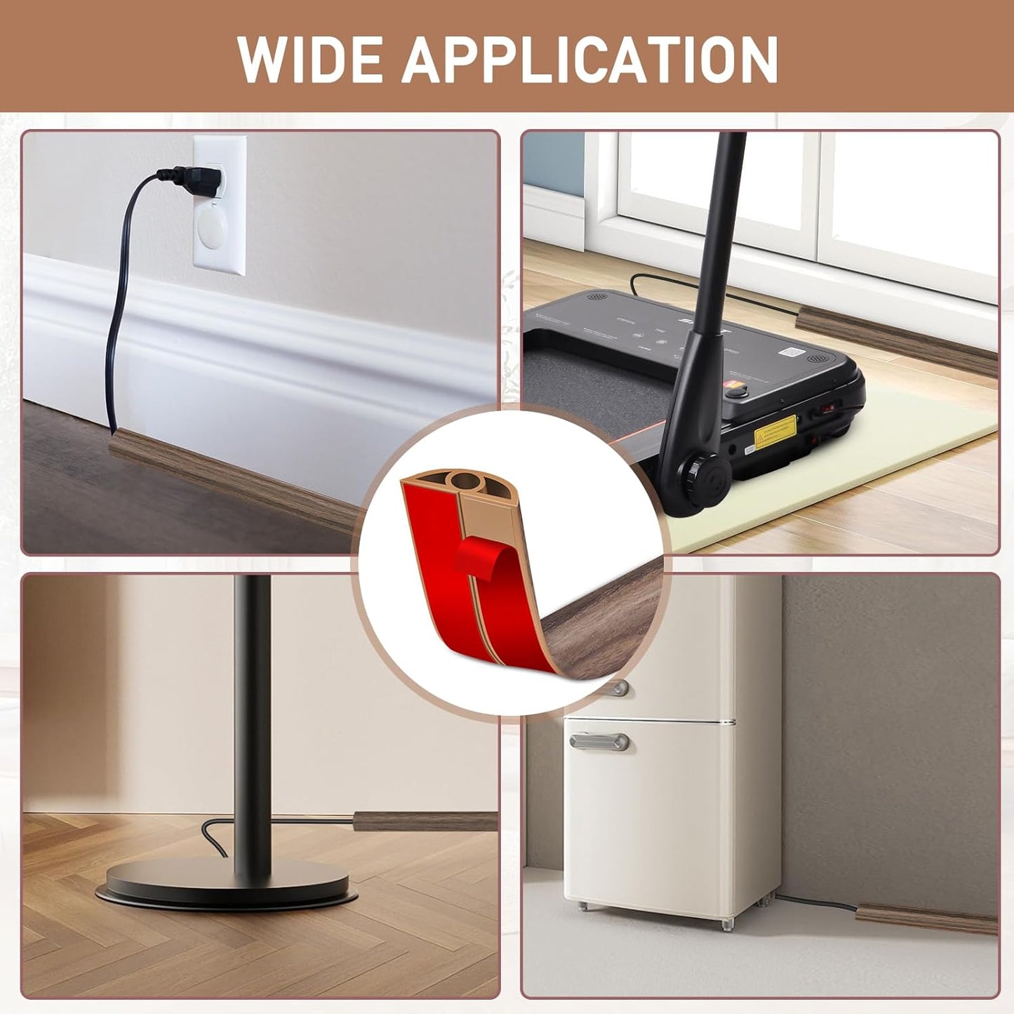 Floor Cord Cover Self Adhesive Cord Hider Floor Extension Cord Covers for Floor Power Cord Protector Cable Management Prevent Cable Trips Cable Cavity 0.32" W x 0.32" H (Smoked Brown Wood, 10Ft)