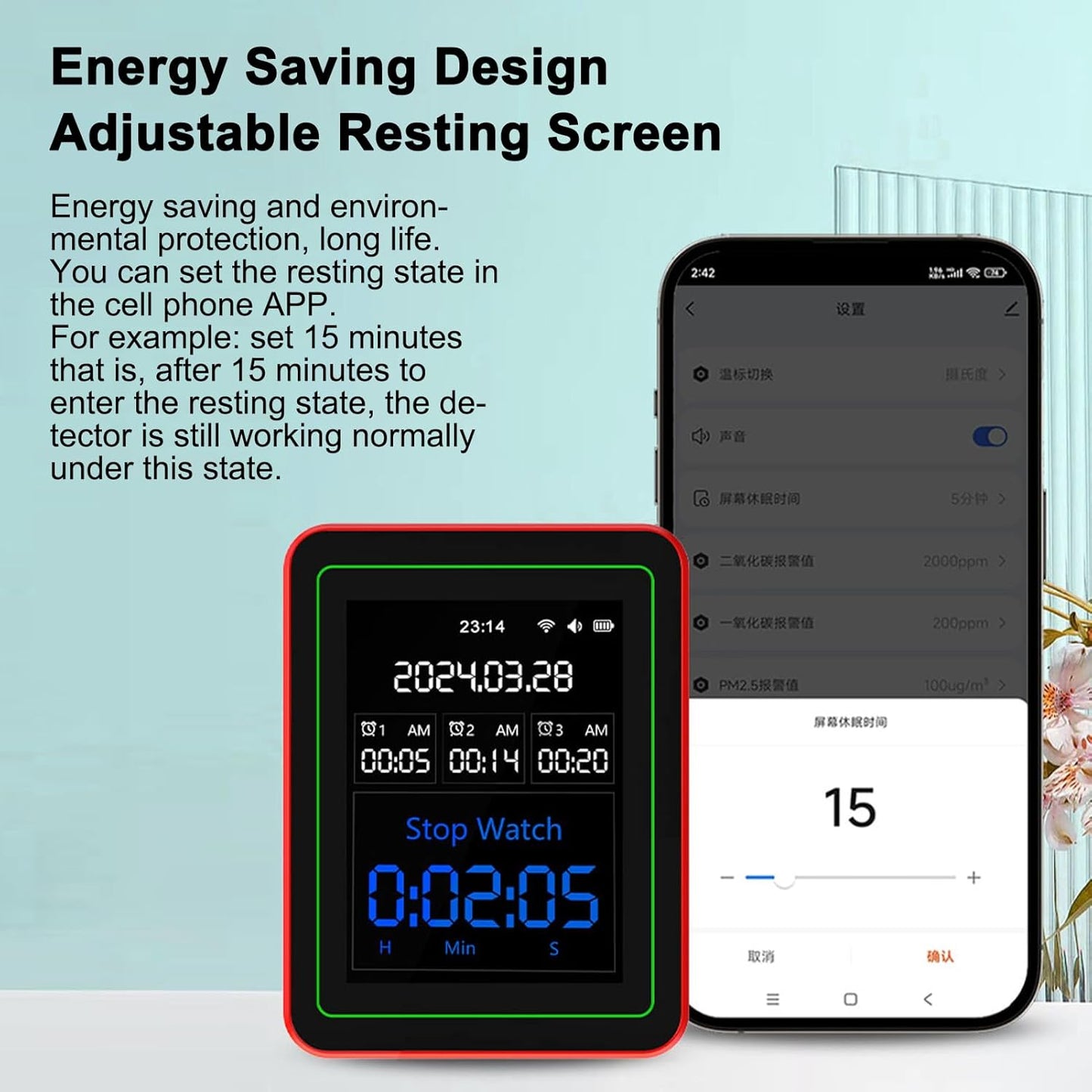 15-in-1 Air Quality Monitor Smart Air Quality Tester with CO2/HCHO/TVOC/AQI/PM0.3/PM1.0/PM2.5/PM10/Temperature/Humidity/Time/Alarm Clock/Timer/Countdown Timer Mobile APP WiFi for Home & Office