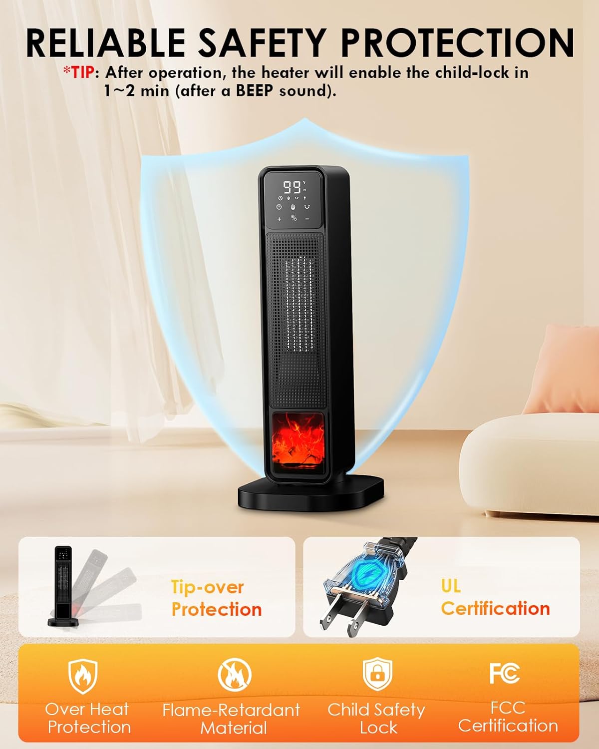 2026 New Space Heater, 1500W Portable Heater with Remote, Quiet Heating Electric Heater for Indoor, PTC Ceramic Fast and Safety Heat, 75° Oscillation & 12H Timer, for Home Bedroom Office Patio