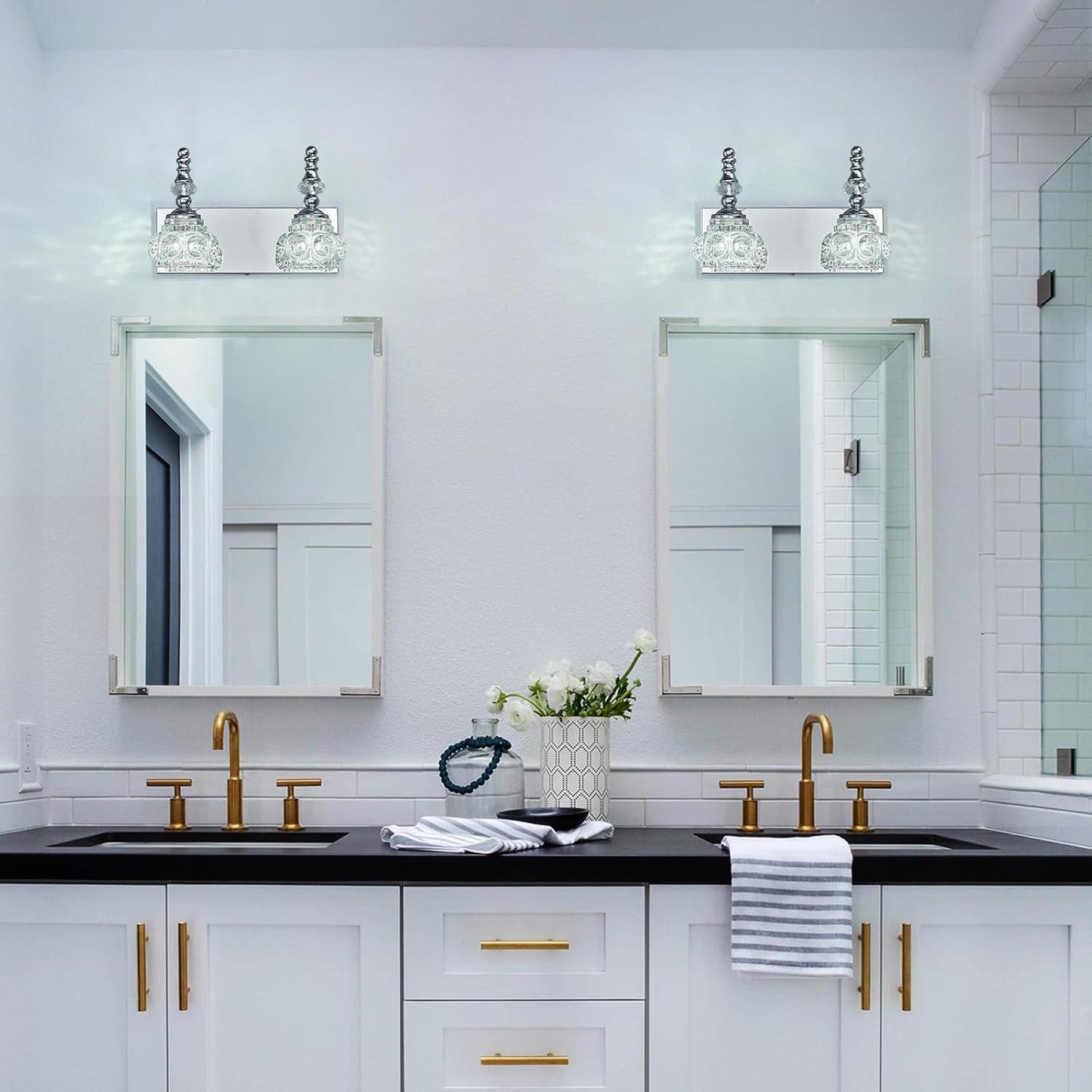 Modern Glass Crystal Vanity Light - Vintage Bathroom Lighting Fixtures Over Mirror, 2 Light Vanity Lights G9 Bulb (11.81 Inch, Chrome)