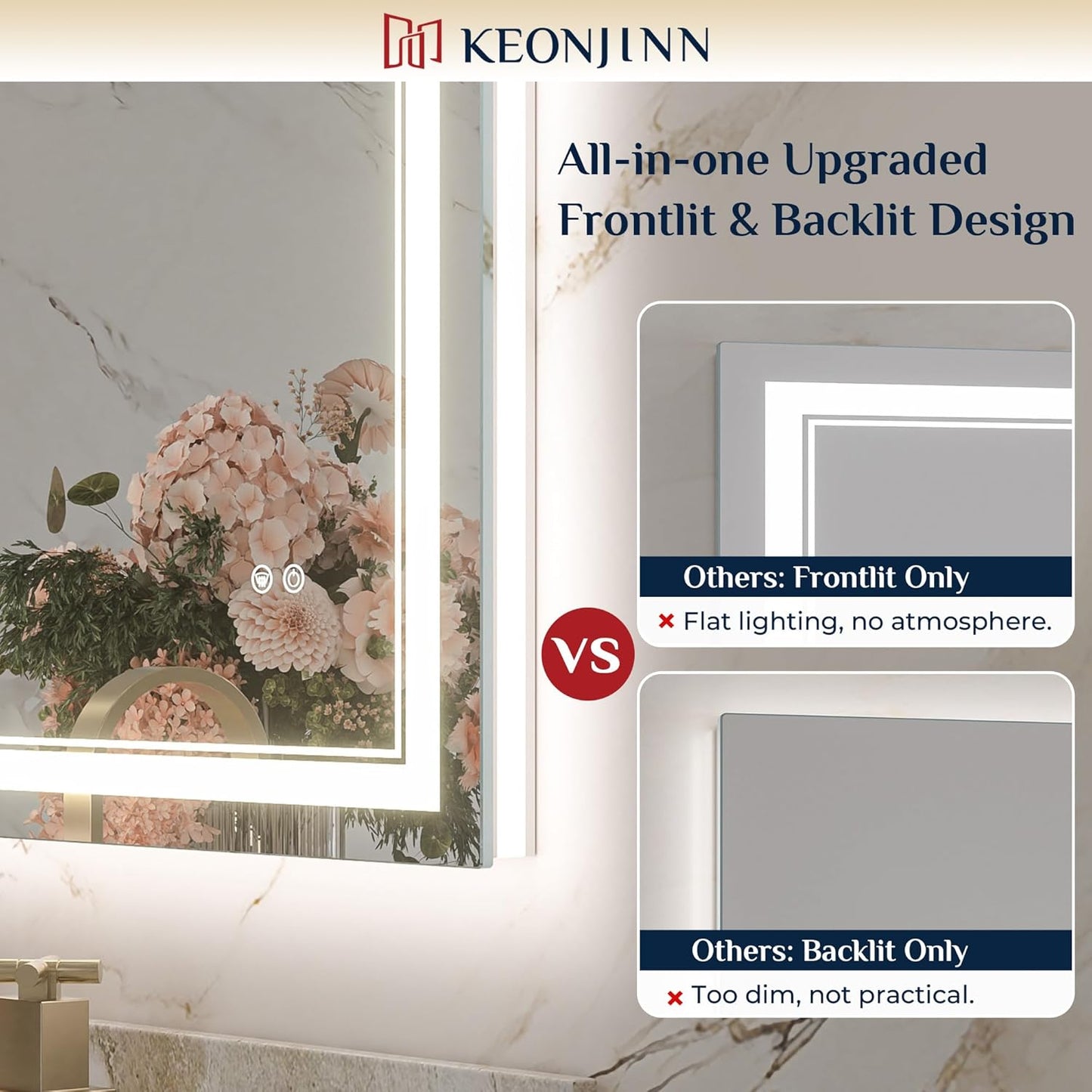 Keonjinn 30" x 32" Bathroom LED Mirror, Front & Back Lighted Mirror for Bathroom Wall, HD Tempered Glass, Safe Anit-Fog, 3000K/4500K/6500K, Dimmable, Frameless LED Wall Mirror with Lights