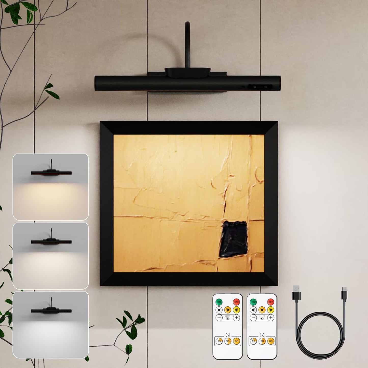 13.8inch Battery Operated Wireless Picture Light，Remote Control Painting Display Lights, Rechargeable Wall Lights with Three Modes and Power Display for Art Frame (13.8in Black-2set)