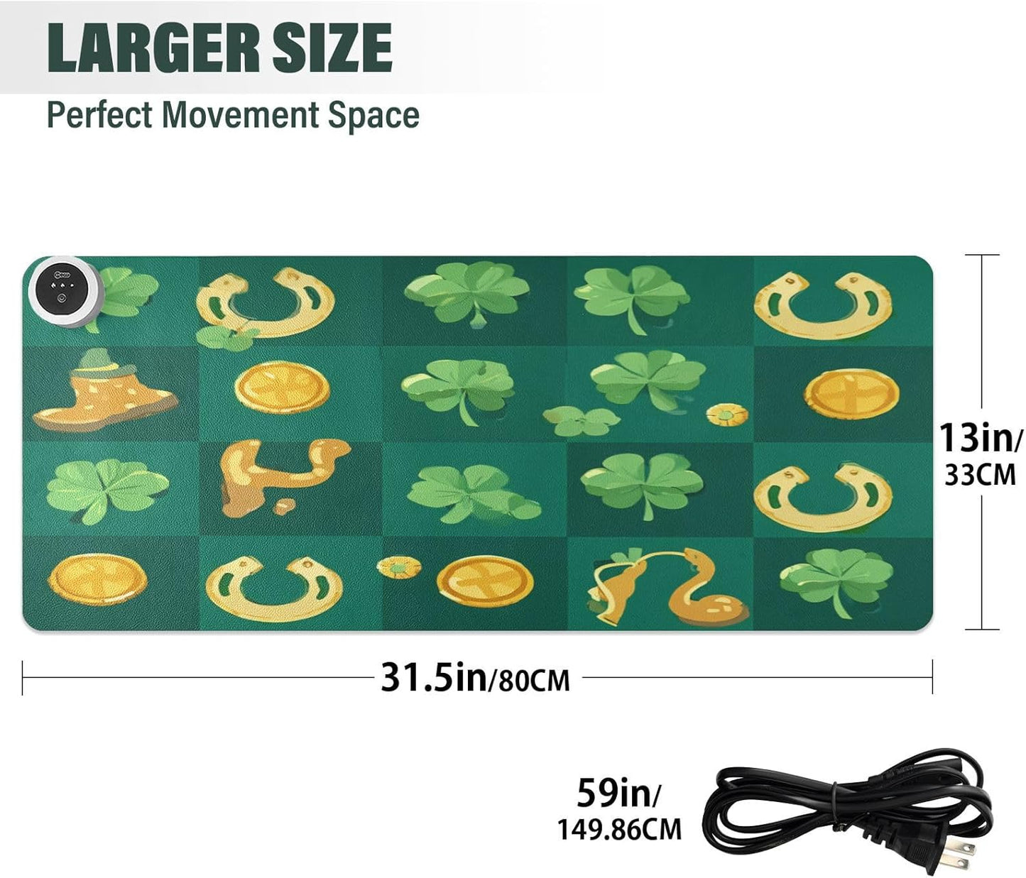 Heated Desk Pad Mouse Pad 31.5x13 Inch PU Leather Desk Mat with 3 Heat Levels Large Mouse Gaming Computer Laptop Mat Clover Dwarf St Patrick's Day