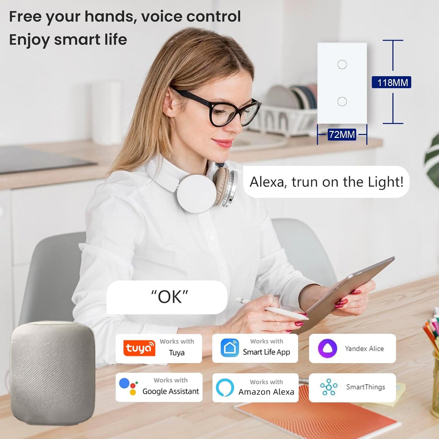 WiFi Smart Light Switch 118X72X34MM Need Neutral Wire,2.4GHz Wi-Fi Touch Switch,Work with Smart Life/Tuya App, Compatible with Alexa and Google Home, White 2 Gang