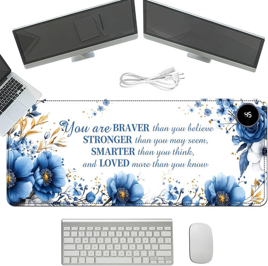 Heated Mouse Pad with 3 Temperature Settings(104°F–122°F),Large 31.5x13 Inch PU Leather Heated Desk Mat,Waterproof Warming Pad for Office,Gaming & Cold Hands Relief,Bule Flower Quotes