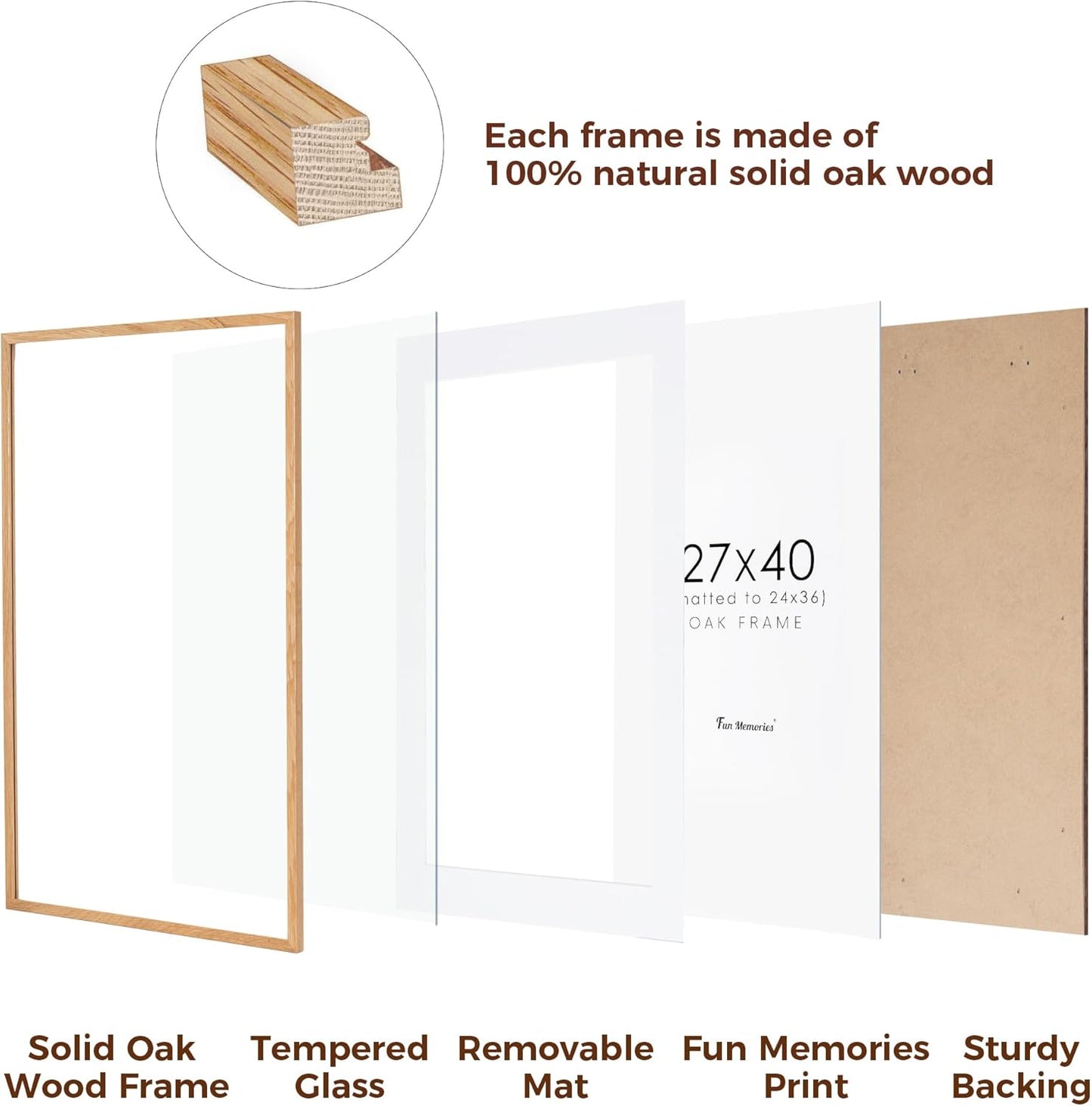 27x40 Picture Frame, Solid Oak Wood 27x40 Poster Frame for Wall, 27 x 40 Frame with Tempered Real Glass, 27x40 Frame with Mat for 24x36, Rustic Wooden 27x40 Art Frame, Natural Oak Color