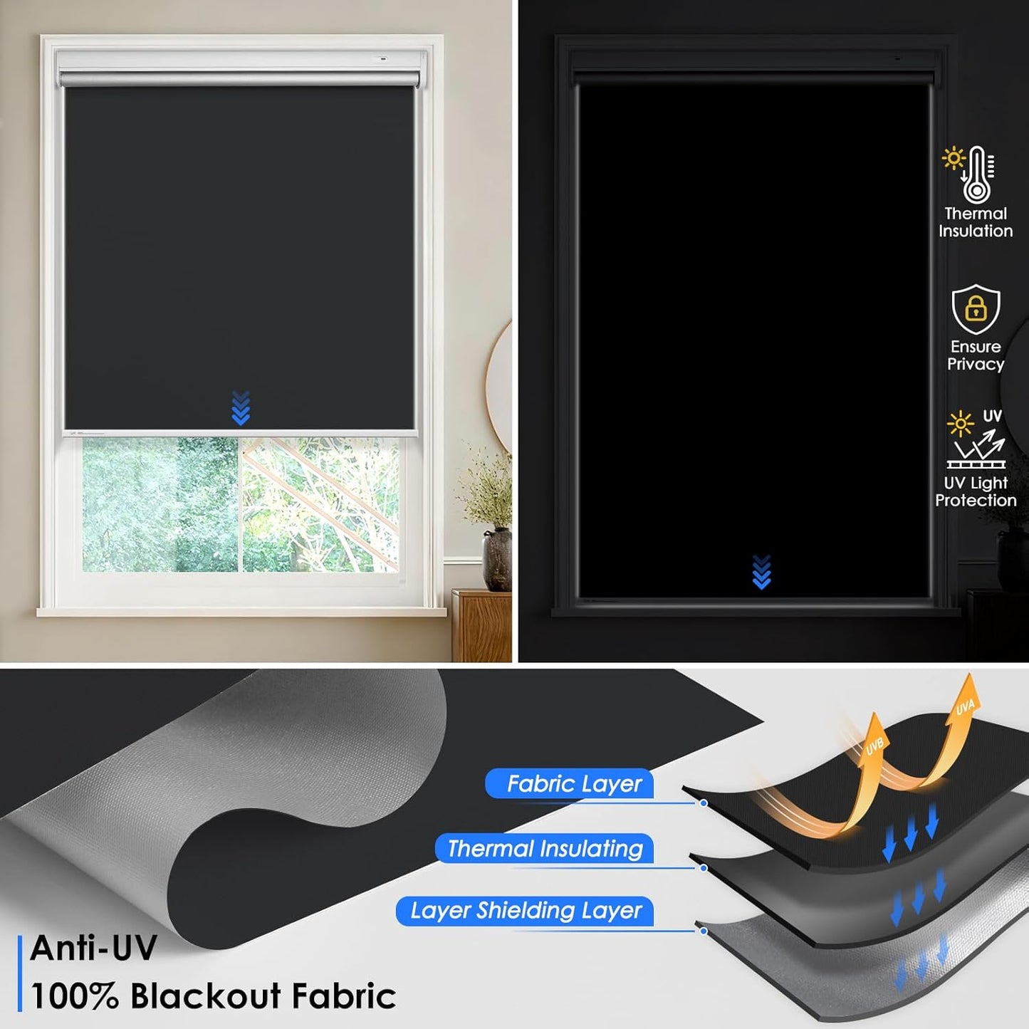 Motorized Roller Blinds with Remote Control & Solar Panel - 100% Blackout Smart Blinds, Automatic, Cordless, Electric Shades - Compatible with Alexa - Black, 35" W x 72" H