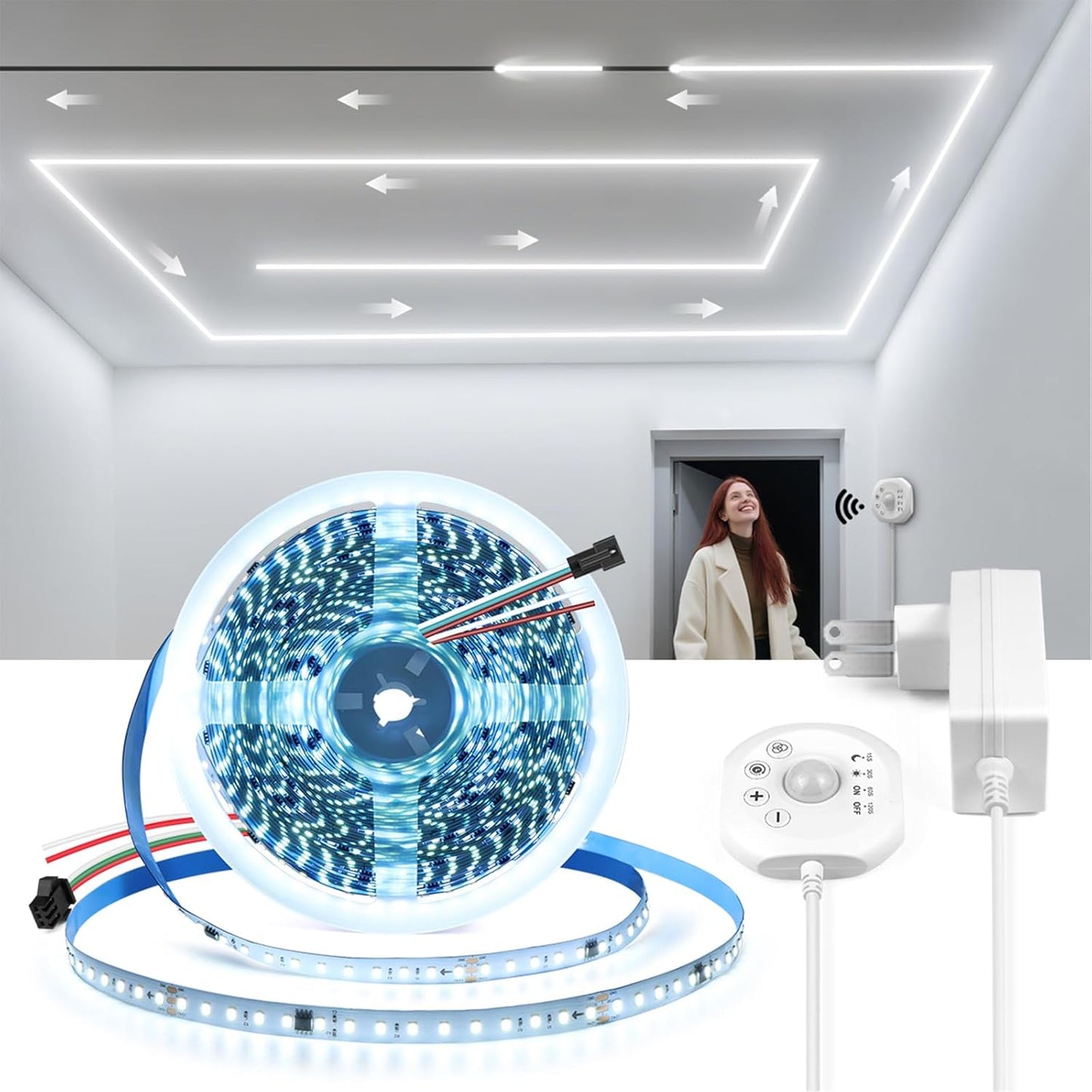 16.4Ft Motion Activated LED Strip Light, 6500K Running Water Flowing LED Strip Lights Cut&Dimmable, 24V Motion Sensor Flexible Horse Race Tape Light for Room Stair Corridor