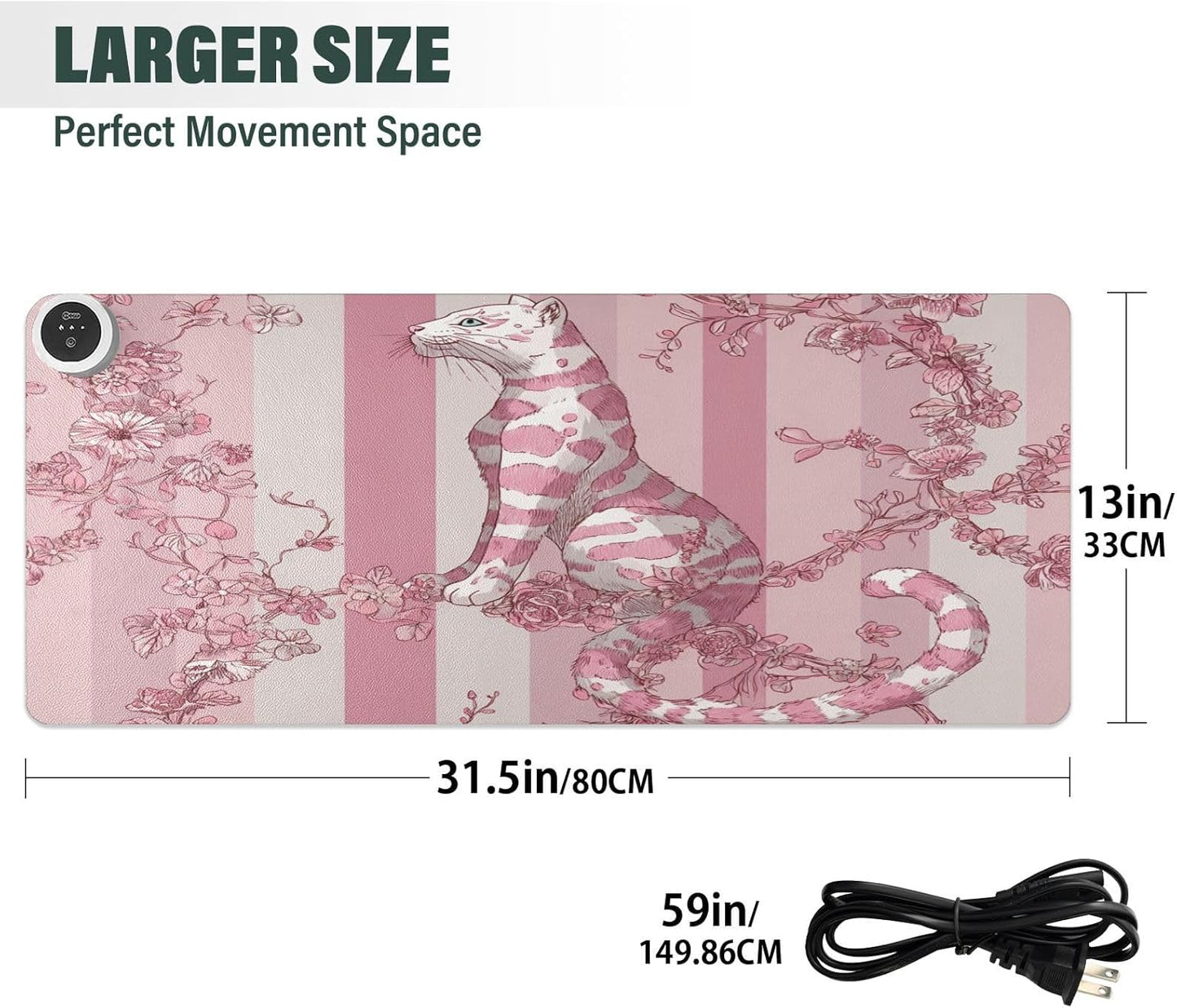 Heated Desk Pad Mouse Pad 31.5x13 Inch PU Leather Desk Mat with 3 Heat Levels Large Mouse Gaming Computer Laptop Mat Pink Leopard Stripes Floral