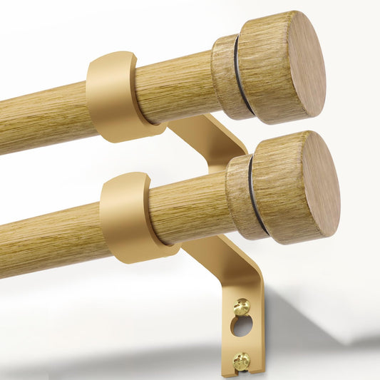 2 Pack Natural Light Wood Grain Curtain Rods for Windows 72 to 144 Inches 1" Diameter Heavy Duty Window Curtain Rod Adjustable with Solid Finials for Living Room Bedroom Kitchen Farmhouse Outdoor
