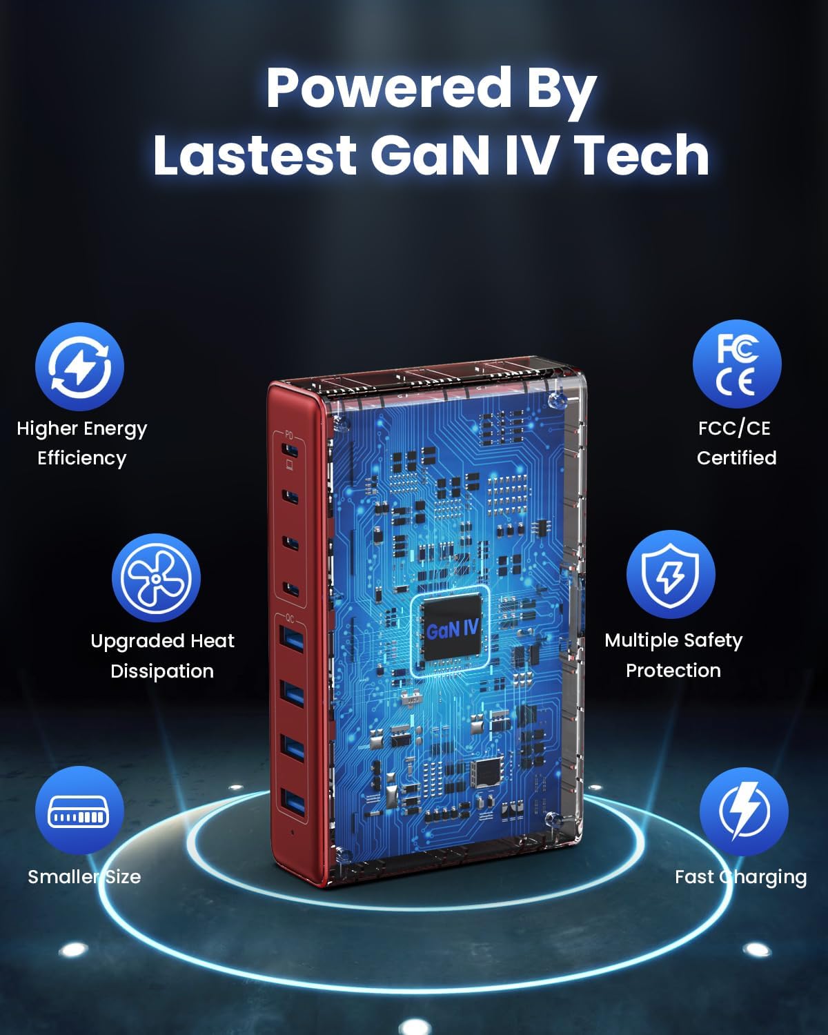 200W USB C Charger Block,GaN IV Charging Station 8 Ports,QC4.0 Fast Charging Station Hub+PD 65W USB C Laptop Charger Adapter Compatible with MacBook Air/Pro,DELL,iPhone 17/16/15,iPad,Steam Deck-Red