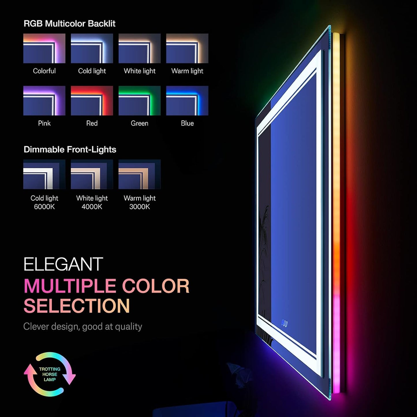 24x36 inch RGB LED Bathroom Mirror with Lights, Colorful Changing Lighted Mirror, Shatterproof Dimmable Anti-Fog LED Vanity Mirror for Bathroom (RGB Backlit + Front-Lit)
