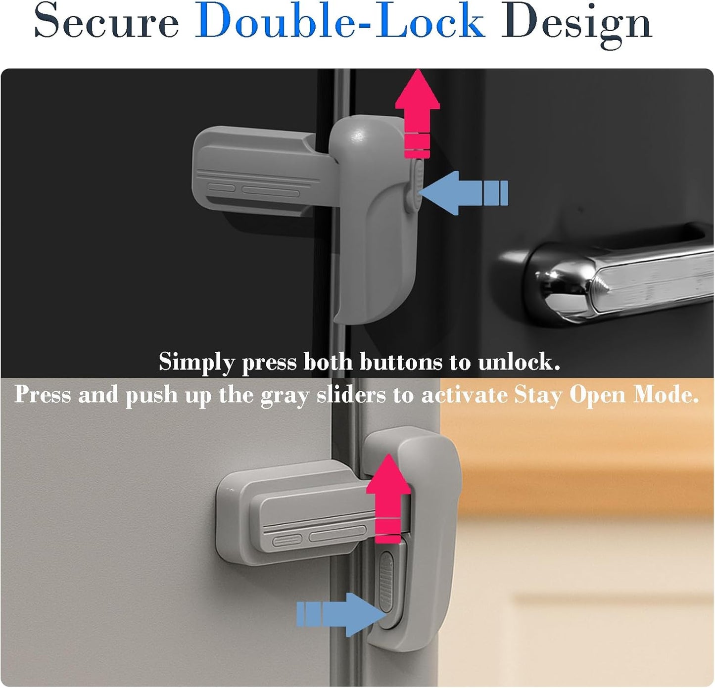 2 Pack Child Proof Fridge Lock, Baby Safety Refrigerator & Freezer Door Lock for Toddlers, Kids & Pets, One-Hand Operation, Strong Adhesive, No Tools or Drilling Needed, Gray