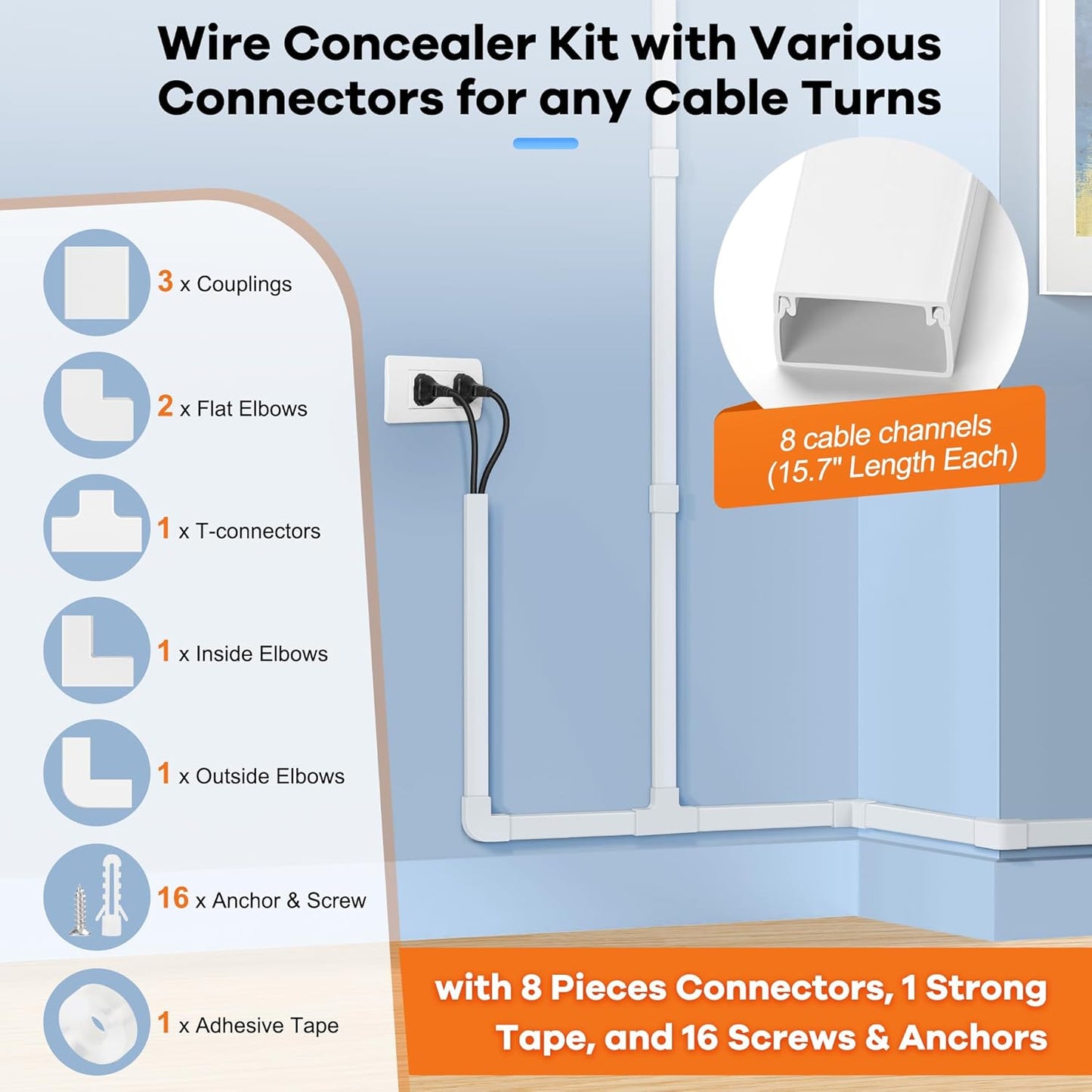 126in Cord Hider Kit, ZhiYo Wire Hiders for TV on Wall, Paintable Cable Management Kit, Wire Cover for Wall Mount TV, Grey Cable Raceway, Cord Cover Wall Wire Management Kit, 8xL15.7in W1.18in H0.67in