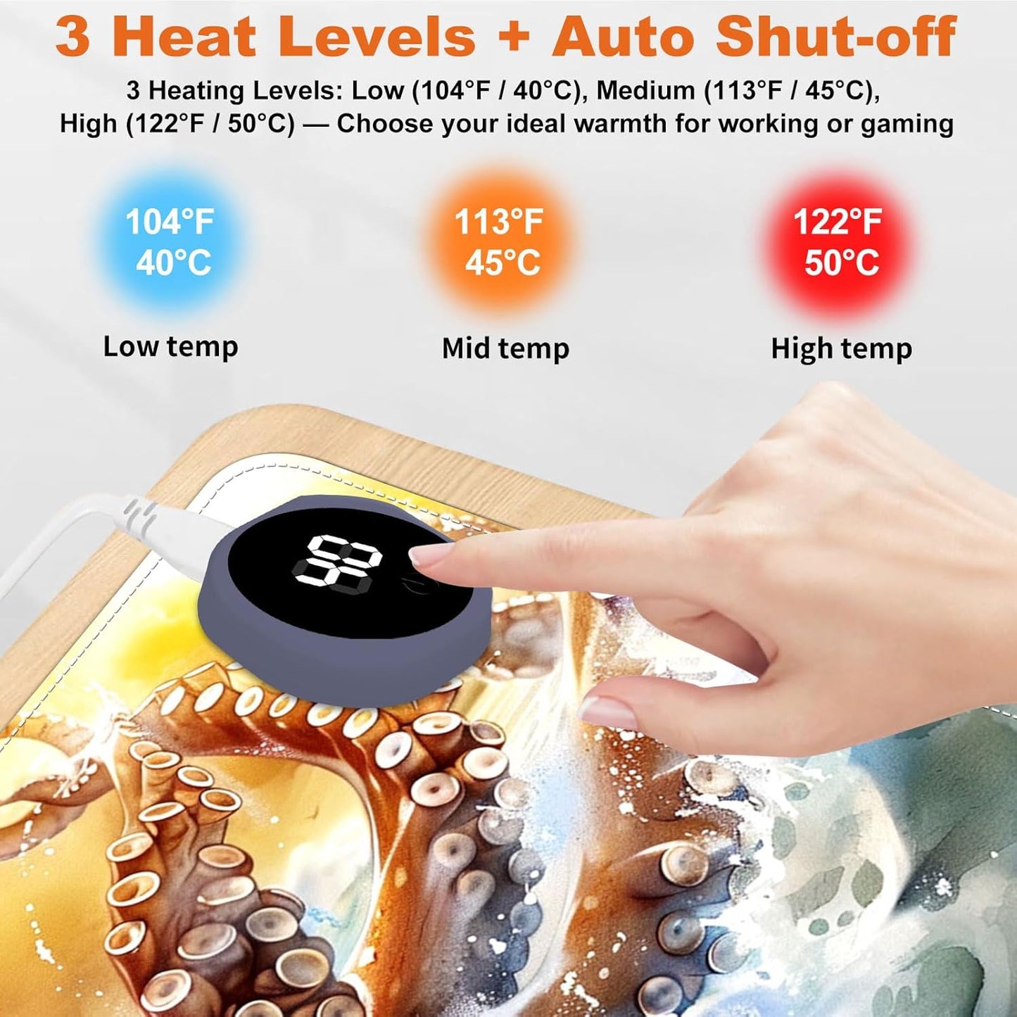 Heated Mouse Pad for Desk 31.5" x 13" – PU Leather Warm Desk Pad with 3 Heat Levels (104°F/113°F/122°F), Plug-in Electric Heating Mat with Auto Shut-Off, Waterproof & Rollable, Ocean Octopus
