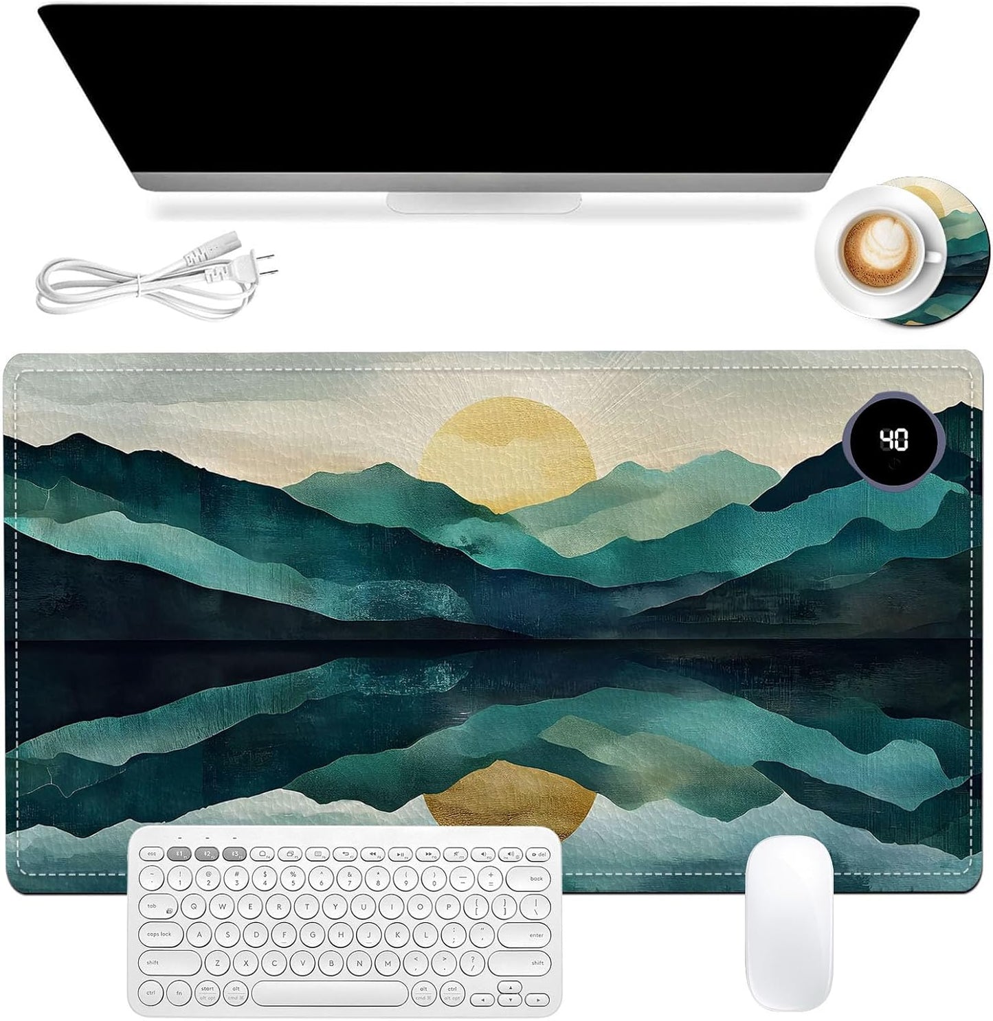 Heated Mouse Pad, Warm Desk Pad, Keyboard Mat 23.6 x 14 Inch Large Size Intelligent Fast Heating, 3 Speed Adjustable, Timed Auto Power Off for Game Office Home, Valley Sunrise