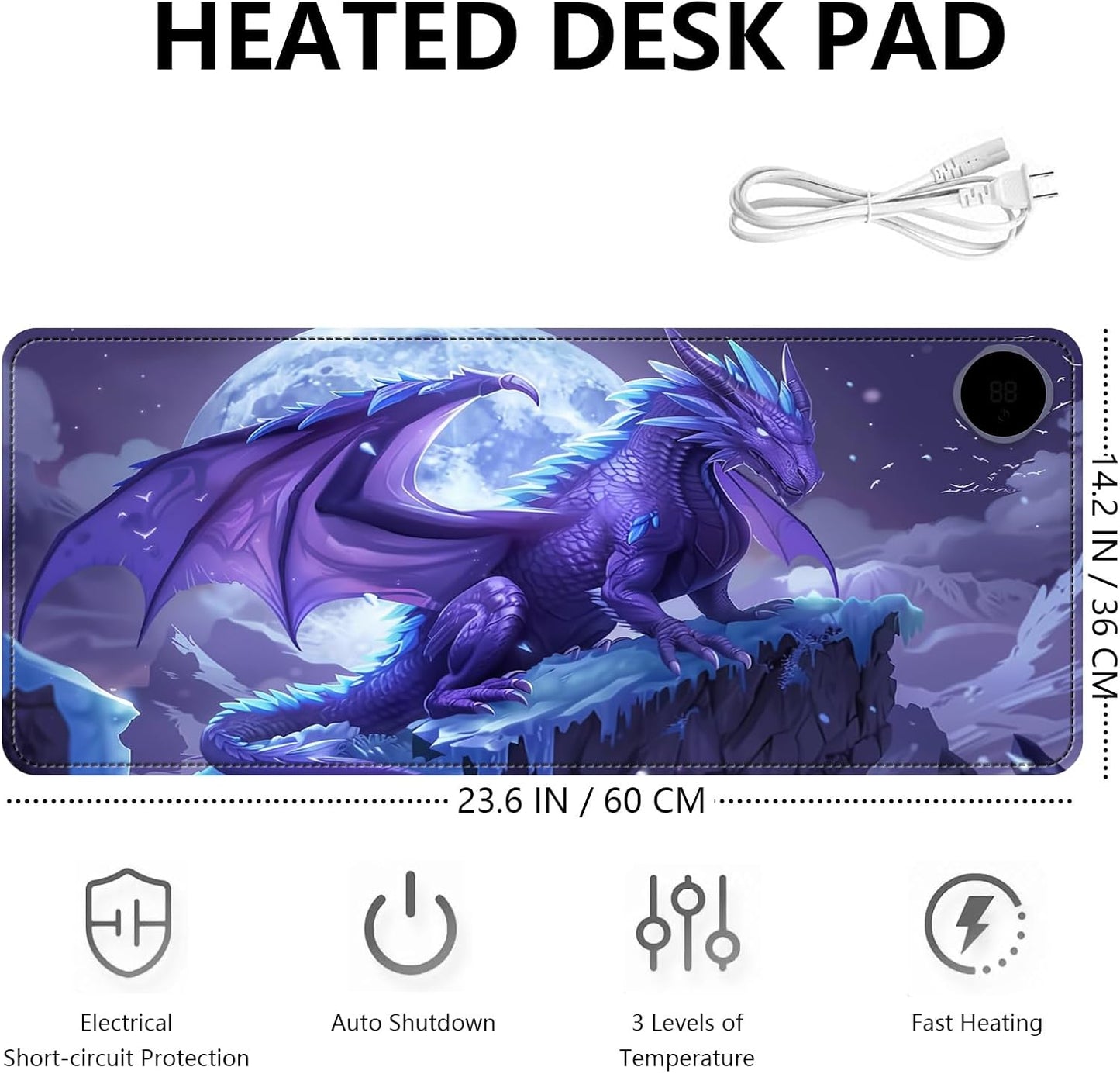 Heated Mouse Pad with 3 Levels Heated & 3 Hours Auto Shut-Off Mouse Pad for Warming Hands in Office Home, 23.6" x 14.2"Large Safe Desk Mat Hand Warmer，Angry Flying Dragon